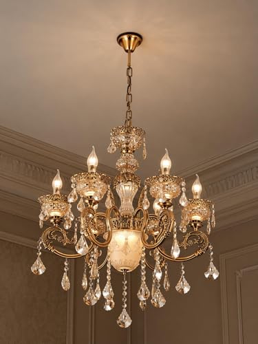 Image of Modern Crystal Chandelier, 6-Light Ceiling Light Glass Fixture, Antique Bronze with Crystal Droplets, Gold Designer Shades for Living, Dining, Bedroom, Staircase & Foyer with Filament Bulbs