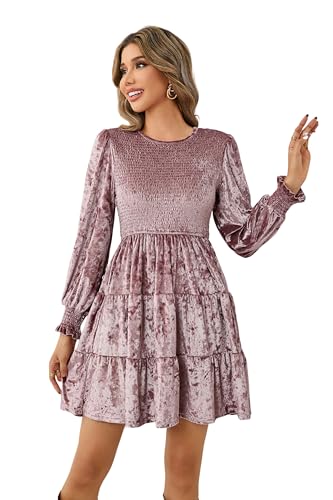 R.Vivimos Women's Fall Winter Crushed Velvet Dress Long Sleeve Crew Neck Elastic Smocked A-Line Tiered Ruffle Mini Dress (Medium, Pink)