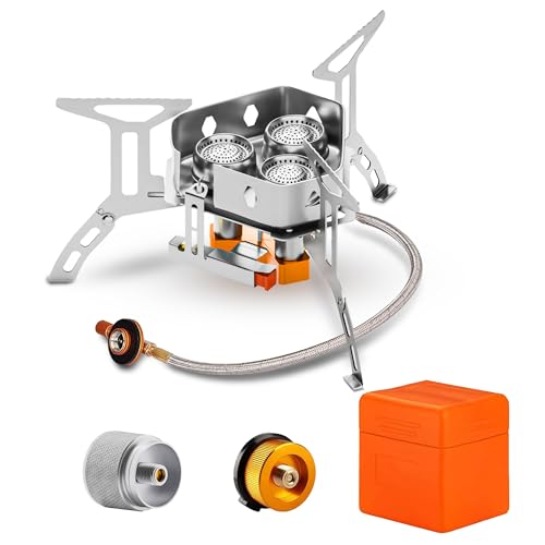 5000W Camping Stove, Backpacking Windproof Camp Stove with Piezo Ignition Carrying Case and 2 Additional Adapters, Compatable with Isobutane, Propane, Butane Tanks, Portable and Collapsible