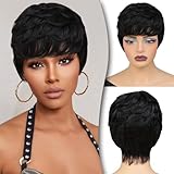 INSTASTYLE Pixie Cut Human Hair Wig for Black Women - Short Black Curly With Bangs, Natural Wavy Layered, None Lace Glueless, Put On and Go, Natural Black Color