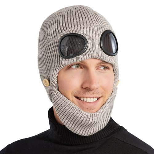 TecHong Unisex Knitted Goggles Beanie - 3 in 1 Winter Warm Outdoor Sports Fashion Aviator Hat with Face Mask & Ear Cover Khaki