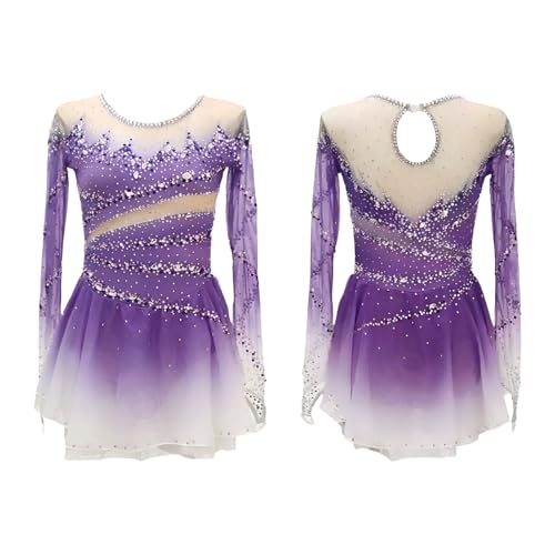 Girls Long Sleeved Purple Gradient Figure Skating Dress Crystal Figure Skating Skirt for Performance and Practice