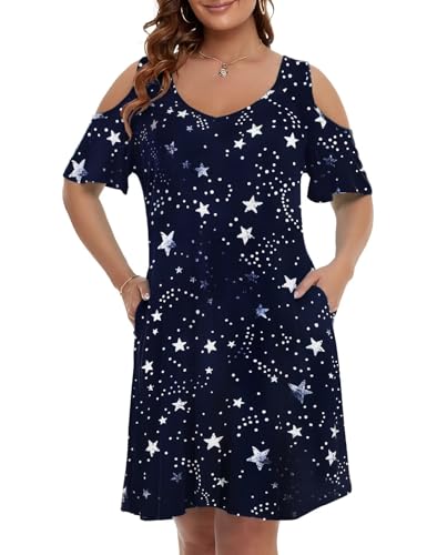 Image of JollieLovin Womens Plus Size Short Sleeve Cold Shoulder V Neck T-Shirt Dress with Pockets