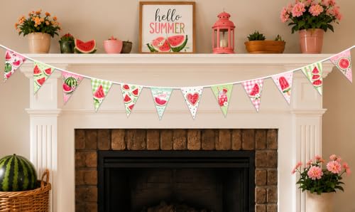 Image of Watermelon Summer Pennant Banner, 12 Pastel Watercolor Triangle Flags, Fabric Hanging Garland with Black Rope, Ready to Hang for Summer Party, Birthday, BBQ, Picnic, Baby Shower, Pool Party Decor