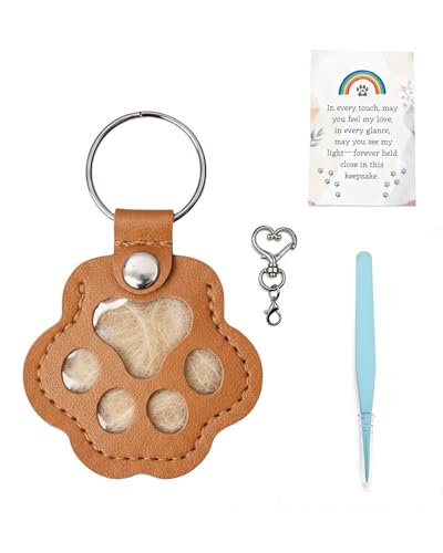 Aurichi Cat & Dog Hair Keychain Leather Dog Paw Hair Holder Fur Collection Key Chain Keepsake with Heart Clip Tweezers & Rainbow Sympathy Card Pet Loss Memorial Gift for Pet Owners Pet Remembrance