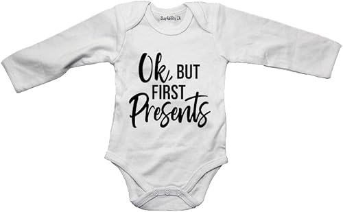 OK, But First Presents - Christmas Inspired - Baby Grow 6-12 months White Long Sleeve
