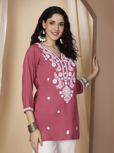 Image of Short Kurti for Women for Jeans, Chikankari Kurtis for Ladies, Lakhnavi V- Neck Women's Tunic Design Kurta, Floral Kurtas & Tunics for Woman