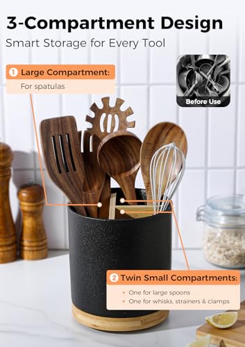 Image of LoeJan 3 Compartment Utensil Holder, Extra Large Utensil Crock, Stable Ceramic Utensil Organizer, Cooking Tool Organizer Set for Kitchen Counter Farmhouse Decor,Textured Black