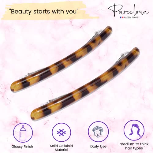 Parcelona French Skinny Rounded Light Shell Savana Large 4” Celluloid Automatic Set of 2 Hair Clip Barrettes for Women and Girls miniatura 2