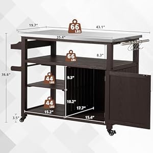 Ahb outdoor grill table solid wood storage cabinet rolling kitchen island movable bar cart with stainless steel top for outside patio backyard garden brown  urban country home decor