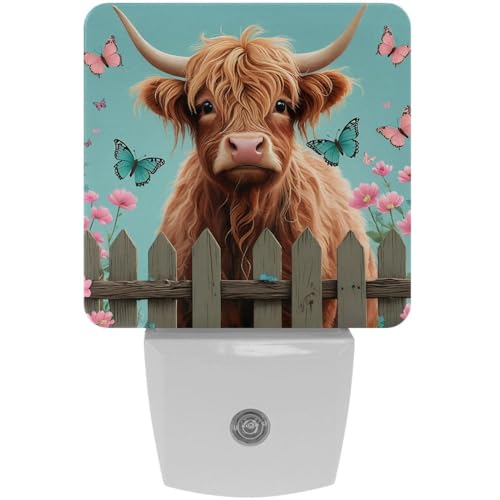 Image of NEWzone Highland Cow Floral Night Light [2 Pack], Plug in Wall Led Night Lights Decor for Boys Girls Room, Dusk to Dawn Sensor Wall Lamp for Stairway /Bedroom /Kitchen /Nursery Room