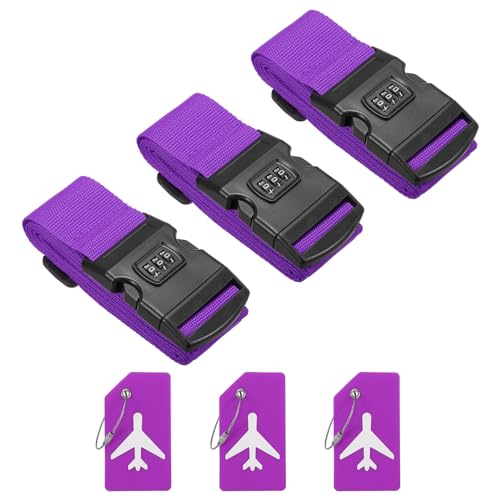 Image of PATIKIL Luggage Strap with Combination Lock Luggage Tag and Loop 78 inchx2 inch, 3 Set Adjustable Suitcase Belt for Travel Packing Bag Closure Identify, Purple