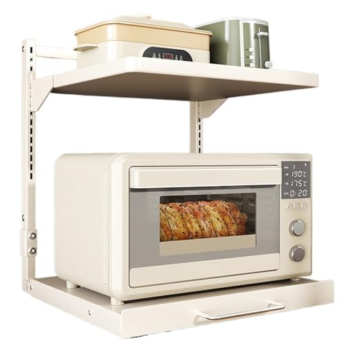 Vnook Kitchen Utensil Organizer, Microwave Shelf, 2 Tier Adjustable Microwave Shelf, with Pull-Out Basket, for Microwave, Utensils and Dishes(White,59.5x57cm)