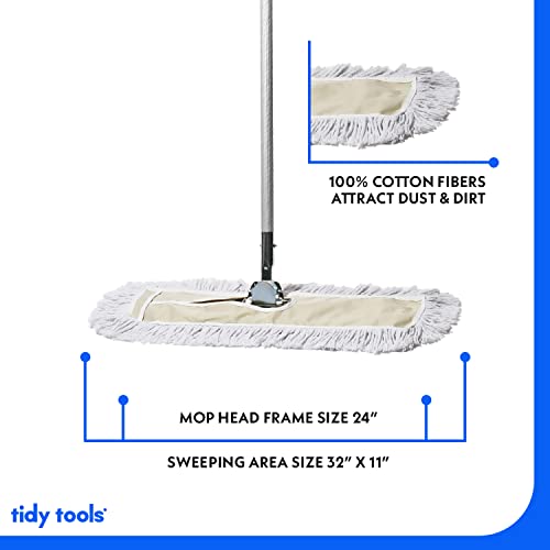 Tidy Tools Commercial Dust Mop & Floor Sweeper, 24 In. Dust Mop For Hardwood Floors, Cotton Reusable Dust Mop Head, Extendable Mop Handle, Industrial Dry Mop For Floor Cleaning & Janitorial Supplies #TOP2