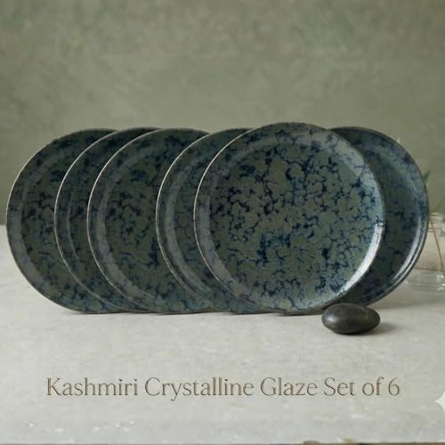 Image of Freakway Artisan Reactive Glaze Dinner Plates, Ceramic, Emerald Moss Blue, 27.17 cm, Round, Set of 6, Microwave & Dishwasher Safe