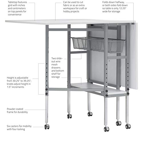 Offex Rolling Folding Height Adjustable Quilting Fabric Cutting Table With Sewing Board Grid And Guides Top, Storage In Silver/White Top #TOP2