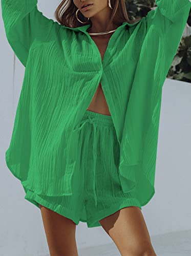 Image of Fixmatti Women 2 Piece Outfits Long Sleeve Button Down Blouse and Shorts Sweatsuit Sets