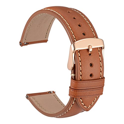 WOCCI Quick Release Watch Band 20mm - Full Grain Leather Watch Straps Gold Brown with Rose Gold Buckle