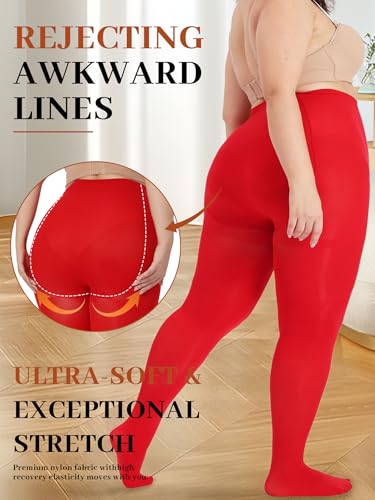 Image of Plus Size Opaque Tights for Women 240D Soft Solid Color Footed High Waist Control Top Pantyhose