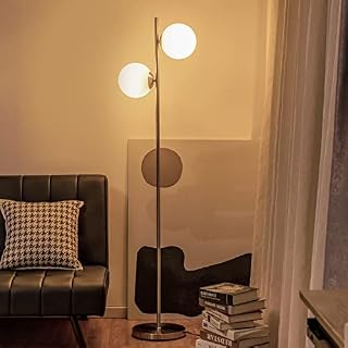 GiantexUK 2-Light Floor Lamp, Metal Pole Floor Light with 2 LED Bulbs, E27 Bulb Bases & Foot Switch, Frosted Glass Globe Standing Lamp for Living Room, Bedroom & Office