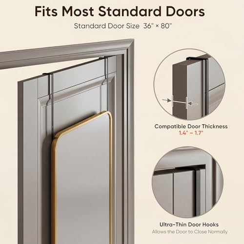Image of Antok 58 inchx20 inch Over the Door Mirror, Full Length Mirror Door Hanging with Aluminum Metal Frame, Rectangle Wall Mounted Body Mirrors for Bedroom, No-Drill Space Saving Dressing Mirrors, Gold