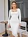 LAGSHIAN Women's Cocktail Bodycon Long Sleeve Square Neck Mesh Ruched Club Party Midi Dress White