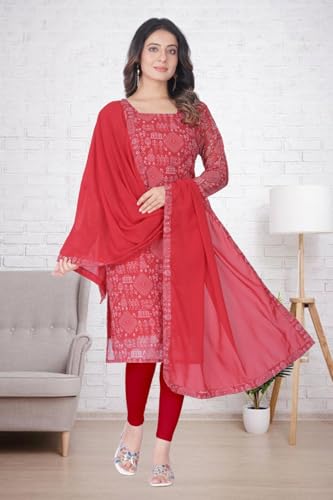 Image of Women's Printed Kurti with Georgette Dupatta, Full Inner Lining, Lightweight Ethnic Set