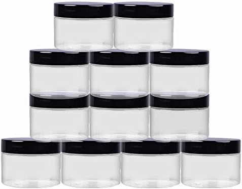 12 Pack 4oz Clear PET Plastic Jars with Black Lids; Low Profile Refillable Empty BPA-Free Containers Great for Cosmetics,Kitchen,Gifts & Travel.(12 Labels as Gift)