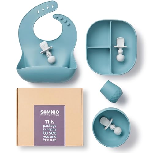 Image of SAMiGO Silicone Baby Feeding Set, Baby Led Weaning Supplies, Suction Bowl Plate Bib Cup Self Feeding Spoons, Solid Food Eating Essentials, First Stage Utensils, 6+ Months