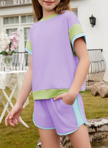 Image of blibean Girls Summer Clothes Sets Kids Colorblock Matching Outfits Size 6-15 Years