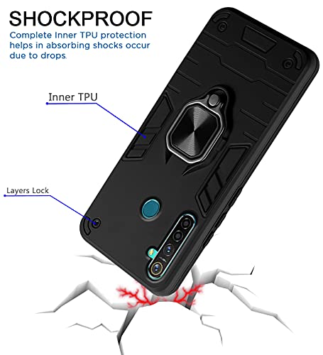 Image of Pikkme D5 Tough Armor Bumper Back Cover Case for Realme 5 Pro |Ring Holder & Kickstand in-Built (Black)