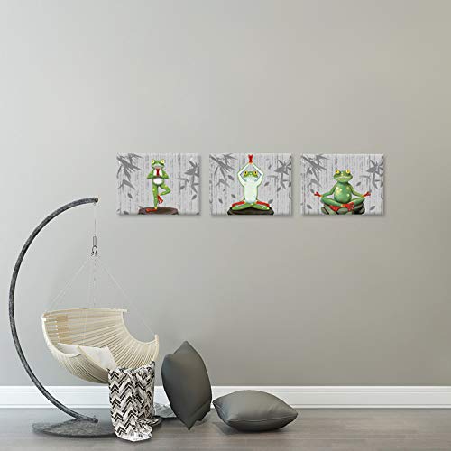 Zlove 3 Pieces Funny Animals Canvas Wall Art Zen Frog With Bamboo Religion Art Vintage Style Giclee Canvas Picture Stretched And Framed For Yoga Room Bedroom Home Walls Decoration Ready To Hang #TOP2