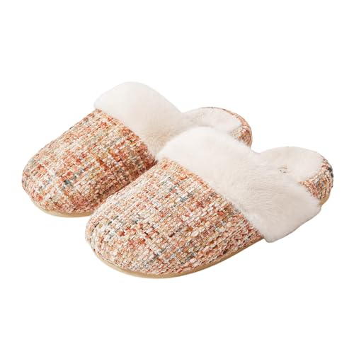 Winter Fuzzy House Slippers Sandals Faux Fur Flats Slippers Warm Plaid Slide Shoes for Women Men