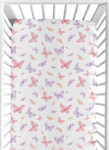 Image of Sweet Jojo Designs Fitted Baby Crib Sheets (Pink and Purple Shabby Chic Butterfly) for Girls, Infant Nursery, Toddler Room - Standard Size (Colorful, Pastel, Lilac, Watercolor, Butterflies Pattern)
