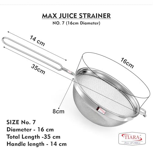 Image of TIARA - MAX Juice Strainer No7 Diameter 16cm Soup Strainer Steel Liquid Filter Food Grade Mesh, Sieve for Kitchen, channi,Rice Strainer, Fruit Strainer (35L x 16W x 8H cm, Silver)