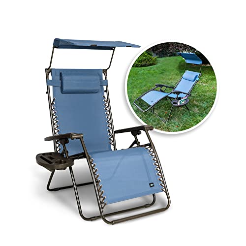 Bliss Hammocks Gfc-436Wdb 30" Wide Xl Zero Gravity Chair W/ Canopy, Pillow, & Drink Tray Folding Outdoor Lawn, Deck, Patio Adjustable Lounge Chair, 360 Lbs. Capacity, Denim Blue #TOP28