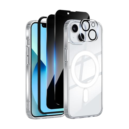 Yskbilm for iPhone 13 Case with 2X Privacy Screen Protector + 1X Camera Lens Protector [Anti Yellowing]Compatible with MagSafeShockproof Slim Magnetic Phone Case for iPhone 13 Clear