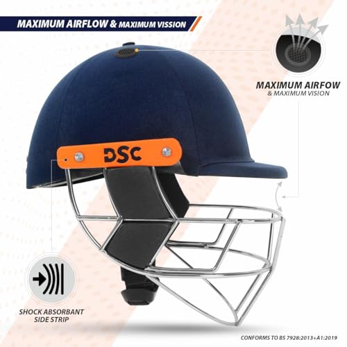 Image of DSC Empra Titanium BSI Approved Professional Cricket Helmet | BS7928 Certified Pro-Standard Hard Ball Helmet with Ultra-Light Titanium Grill & Advanced Shock Absorption | Color: Navy | Size: L