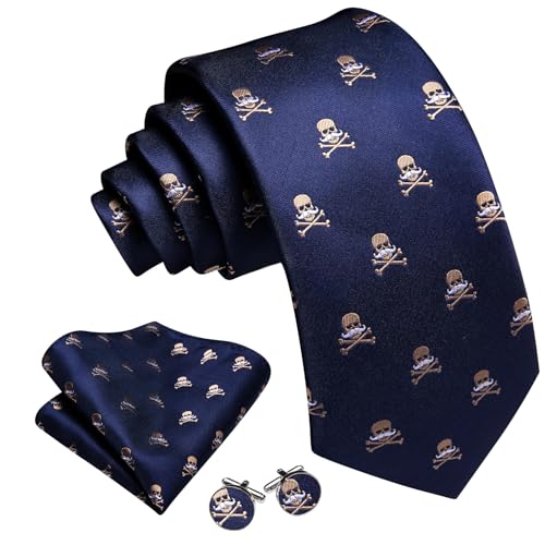 Image of Barry.Wang Man Tie Sets Skull Ties Animal Extra Long Necktie Silk Woven Handkerchief Cufflinks Festival Party Gift