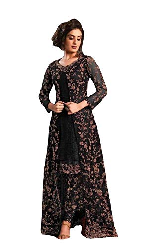 Prija Collection Ready to Wear Pakistani Style Embroidered Koti Salwar Kameez Salwar Suit for Women (Black, M)