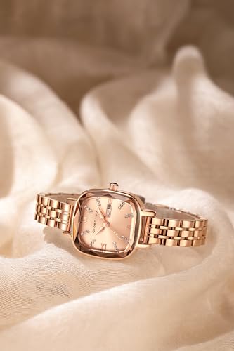Image of Giordano Elegant Square Rose Gold Watch for Women - Crystal & Roman Hour Markers, Day-Date Display, Stainless Steel Strap