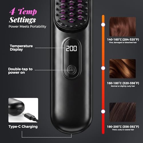 Go Brush Pro 2026, Cordless Hair Straightener Brush, Mini Hair Straightener with 3 Temperature Settings, Portable Hair Straightener Brush with MCH Heating and Ionic & Ceramic Care for Women (Black) - 3