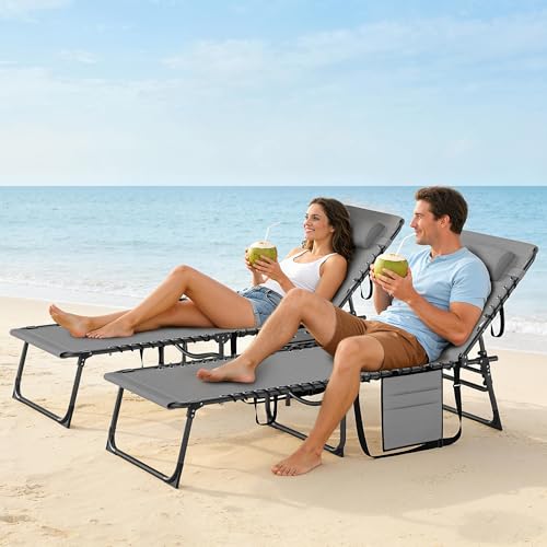 Outsunny Folding Sun Loungers Set Of 2 With Cup Holder, 5-Position Adjustable Reclining Garden Loungers, Portable Recliner Sunbed With Side Pocket, Head Pillow For Patio Beach Camping, Grey - 8