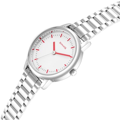 Image of Sonata Plain 3 Hands Metal White Round Dial Steel Colour Stainless Steel Strap Womens Watch - 8172SM02
