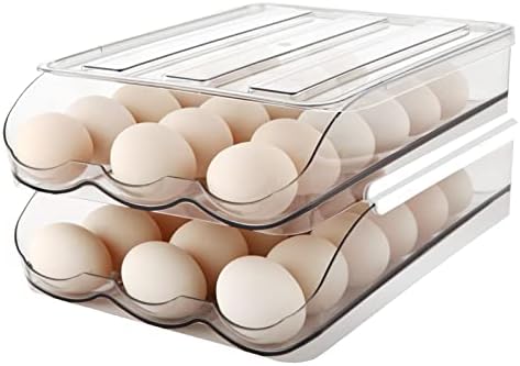 MesRosa Egg Holder for Refrigerator, Automatically Rolling Egg Storage Container for Refrigerator,Large Capacity Egg Organizer for Fridge with Lid,Clear Plastic Egg Dispenser,Egg Tray & Bin -2 Layer