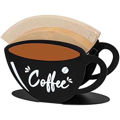 Koluti Coffee Filter Holder Storage, Farmhouse Coffee Paper Rack Stand, Metal Coffee Filter Container Counter Shelf for Cafe Kitchen Office Outdoor, 1#2#4 Cone Square Fan Shaped Size, Black & Brown Cover