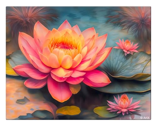 Image of ArtX Canvas Bloomed Lotus Painting For Vastu, Big Size Wall Art, Lotus Painting For Wall Vastu, Wall Decor, Multicolor, Nature, 58.0 X 45.0 cm, Set of 1