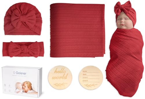 Image of Baby Blankets,5PCS Security Blanket for Babies - Swaddle Adjustable Wearable Blanket, 5pcs Newborn Accessories Set with Hello World Wooden Birth Announcement Card, Baby Blankets for Boys&Girls (Red)
