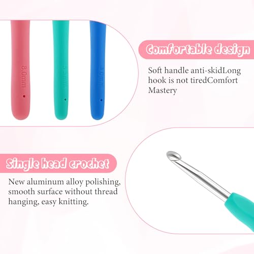 3 Sizes Crochet Hooks, 4mm, 5.5mm, 8mm Ergonomic Arthritis Handle, Long Rubber Handle Crochet Hook, Knitting Giant Crochet Hooks for Chunky Yarn, Scarf, DIY, Wool Products