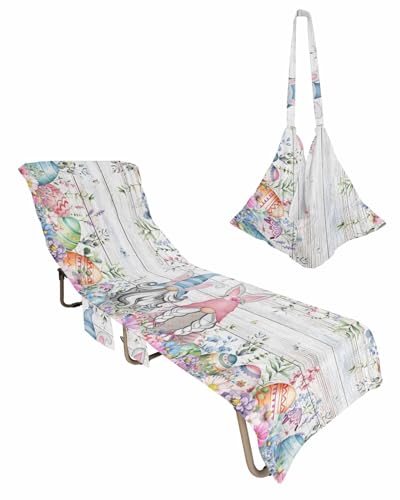 Easter Gnomes Beach Chair Towel Covers for Chaise Lounge with Side Pocket, Soft Plush Pool Towels Cover for Patio Sunbathing Outdoor 29''x85'' Eggs Woodgrain Herb Aesthetic Floral